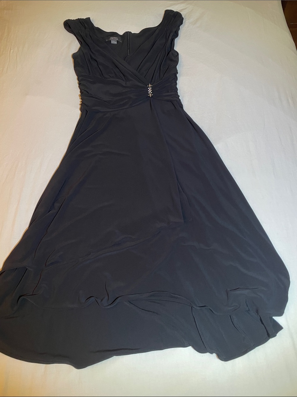 Black Ruched V-Neck High-Low Evening Dress with Jewel Accent